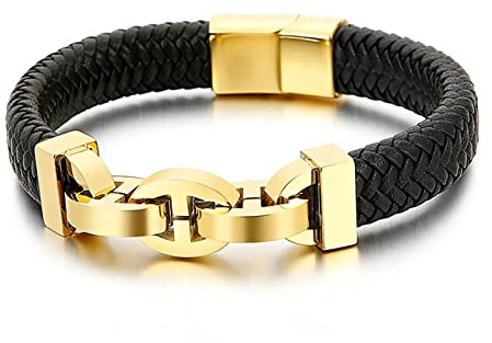 Ayoiow Männer Armband Indianer, Armreif Edelstahl Leder Armband Punk Schwarz Geflochten Armband