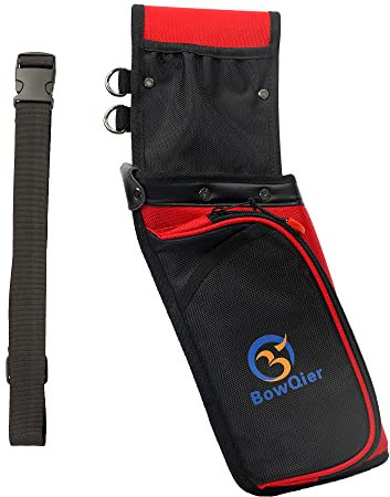 Bowqier Archery Quiver for Arrows, Archery Hip Quiver with Belt, Fits 3 Arrow Tube Holder - Storage Pockets for Archery Accessories, Tools, Score Card - Premium Nylon Material (RD)