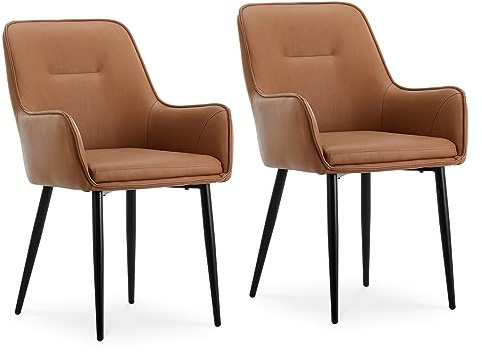 CLIPOP Esszimmerstühle 2er Set mit Armlehne aus Kunstleder Braun, Armlehnenstuhl Polsterstuhl Stühle Esszimmer Küchenstuhl mit Metallbeine und Rückenlehne für Wohnzimmer Esszimmer