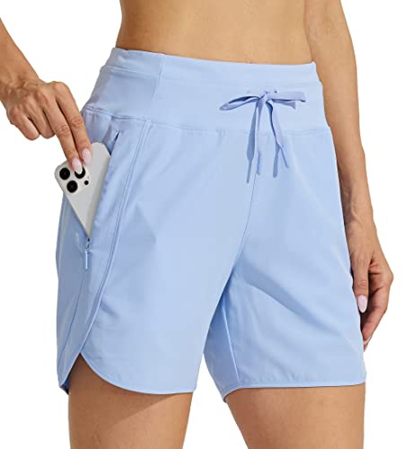 WILLIT Damen Shorts Sporthose Kurz High Waist Laufhose Sommer Laufshorts Schnelltrocknend Wanderhose Kurze Hose Sport Fitness Running mit Taschen 7 Hellblau L