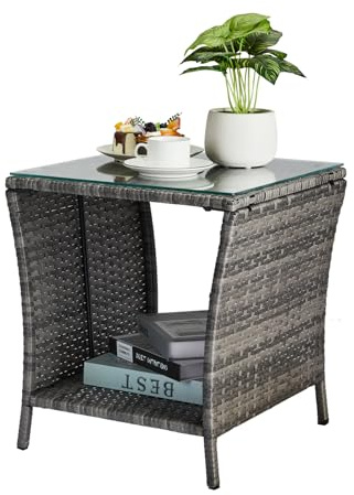 VINGLI Outdoor Wicker Side Table Patio Side Tables for Outside, Tempered Glass Top Wicker Table with Storage End Table for Balcony Porch Deck (Grey)