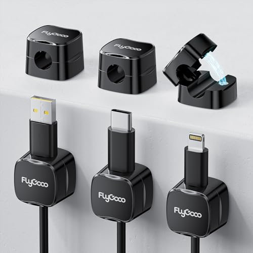 6 Pack Magnetic Cord Organizer, FlyCoco Cable Management Clips for Desk, Phone USB Charging Cable Storage Holder, Cable Organizer for Office Desk Car Wall Desktop Nightstand (Black)