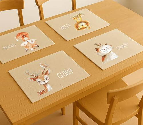 Tischset Kinder personalisiert mit Tiermotiven – Kuh, REH, Fuchs, Löwe, Katze | Platzdeckchen mit Namen | Platzset waschbar & abwischbar | rutschfeste Frühstücksdeckchen für Mädchen & Jungen