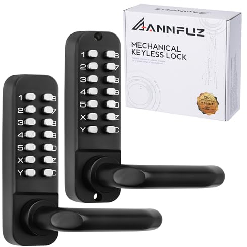 ANNFUZ Double-Sided Digital Code Keyless Entry Door Lock with Handle,Mechanical Keypad Door Lever,Push Button Combination Lock Set,Gate Lock for Outdoor Fences,Garden,No Battery (Matte Black) | Keyless Interior & Exterior Combination Code Opening,Fits 60 & 70mm Latch,Push Button Passcode,Lever For Warehouse,No Battery