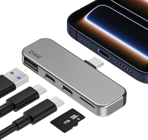 ZIKE USB-C iPhone-Hub, 4-in-1 Type-C Adapter zur Datenübertragung, Micro SD/TF-Kartenleser, USB3.2 Gen2 10Gbps*2, USB-A, und PD3.0-Ladeanschluss-Hub für iPhone 17/16/15 Pro/Android/iPad/MacBook