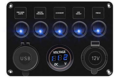 MUEOSI Panneau d'interrupteurs à Bascule, for voltmètre numérique, Double Port USB, Prise 12 V, Combinaison, Accessoires étanches for Voiture, Bateau Tableau électrique(5GangBlue)