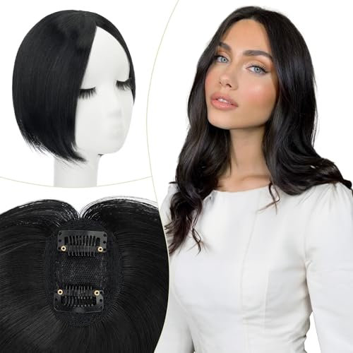 Elailite Hair Topper Donna per Capelli Nero Scuro, 2 Clip in Posticci Middle Parting Toupet Toupee Protesi (Base 7.5cm*5cm) Lunghi 25cm Pesa 30g
