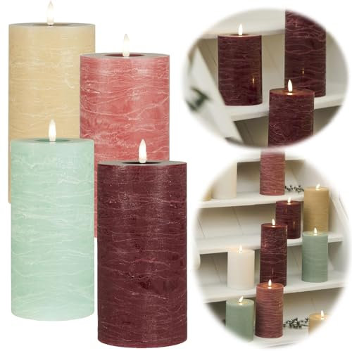 LS-LebenStil 3D LED Stumpenkerze Nyhavn Bordeaux Rot 20x10cm Echtwachs flackernde flammenlose Kerzen Akku Batterie optional mit Fernbedienung Timer Blockkerze Adventskranz Deko Hochzeit