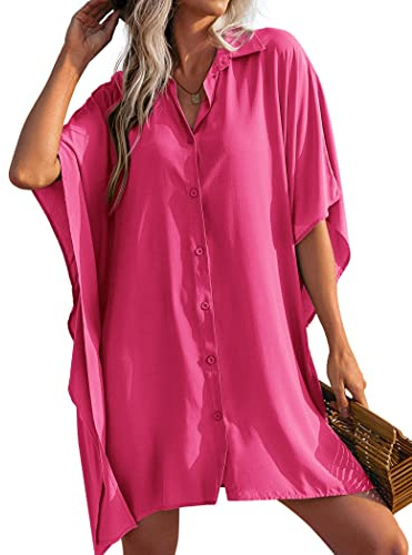 AI'MAGE Strandklänning med knappar för dam strandskjorta sommarblus tunika chic elegant V-ringad strand bikini täcka upp, rosa, S