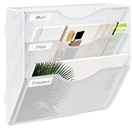 JEBELE 3 Fächer zusammensetzbarer Zeitschriftenhalter Zeitungshalter für Wand Büro Mesh Design A4 Dokumentenablage Büro Organisationsregal mit Etiketten Metall,Weiß