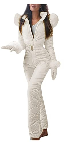Schneeanzug Damen Winter Warme Skianzug Frauen 2 Teilig Einteiliger Ski Overall Outdoor Skibekleidung Sport Mit Fellkapuze Jumpsuit Reißverschluss Schneeoverall Set Wasserdicht Snowboarden