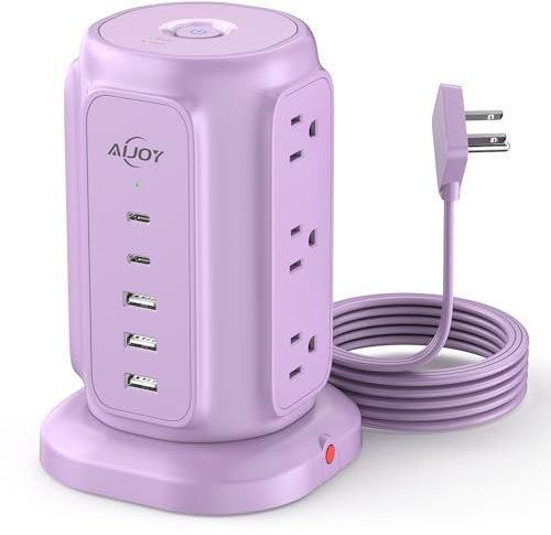 USB C Power Strip Tower, AiJoy 9 AC Outlets and 5 USB Ports Power Tower, 1200J Surge Protection, 1625W Flat Plug Extension Cord Charging Station for Home, Office Supplies, Dorm Essentials