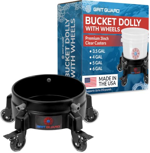 GRIT GUARD Bucket Dolly with Wheels - Rolling Detailing Wash Bucket with 5 Wheels and 2 Locking Casters Compatible with 2.5, 4, 5 and 6 Gallon Buckets (Black, 3 Roller Bearing)
