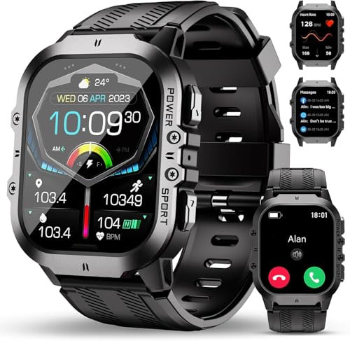 OUKITEL Smartwatch Herren Militär mit Telefonfunktion, Fitnessuhr 5ATM Wasserdicht mit Blutdruckmessung, Sportuhr 120+Sportmodi mit SPO2/Pulsmesser/Schrittzähler, AMOLED Touchscreen für iOS/Android