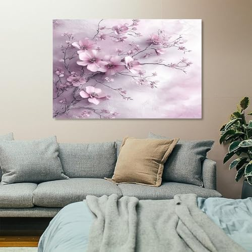 Cuadro abstracto grande con flores de cerezo, sin marco, 60 x 120 cm | rosa para sala de estar, decoración del hogar