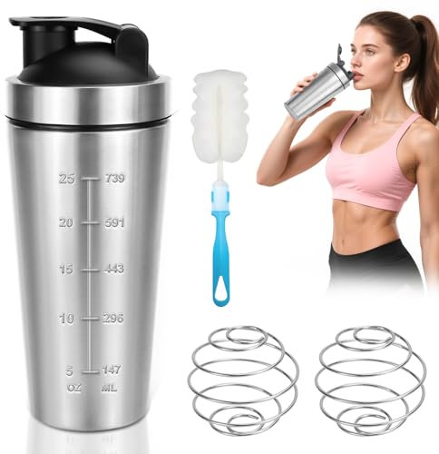 Shaker Acero Inoxidable, 750 ml Shaker Proteinas, con Bola Agitadora y Cepillo de Taza, Doble Mezcla, Escalas Interior y Exterior, Coctelera Proteinas Para Fitness, Ciclismo, Regalos, Plata