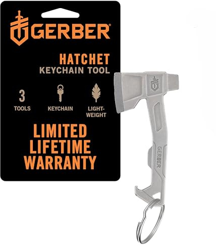 Gerber nyckelring, Hatchet, nyckelringsverktyg med förpackningsöppnare, platt skruvmejsel och flasköppnare, längd: 6,6 cm, vikt: 20 g, rostfritt stål, silver, 1074043