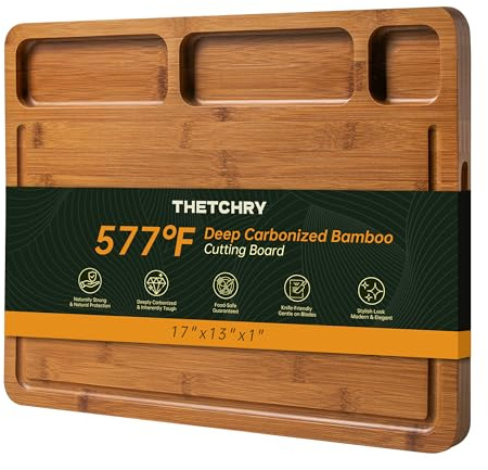 THETCHRY Carbonized Bamboo Cutting Boards for Kitchen, 1Thickened Cutting Board with Juice Groove, Large Butcher Block with Handle, Wood Charcuterie Chopping Board for Prep & Serving Tray, 17 x 13