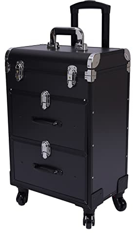OUKANING Trolley, 40 fack + 2 lådor, 50 kg lastkapacitet, 4 universella hjul och lås, för smink, frisörtillbehör, lågt ljud, svart, 57*36*23cm, modern