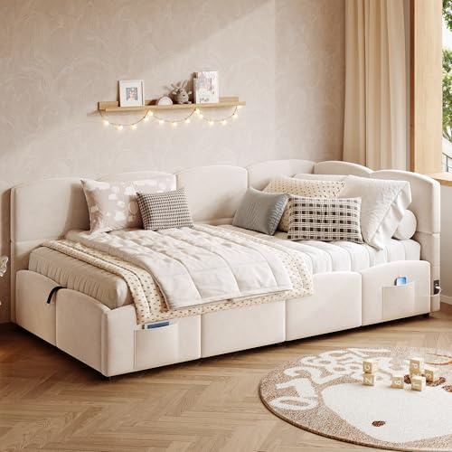 Merax Kinderbett Polsterbett 90x200cm Tagesbett Schlafsofa, mit hydraulischem Stauraum, Lattenrost, USB Ladefunktion, Stautasche, für Kinder&Jugendliche, Samtstoff, Beige(ohne Matratze)