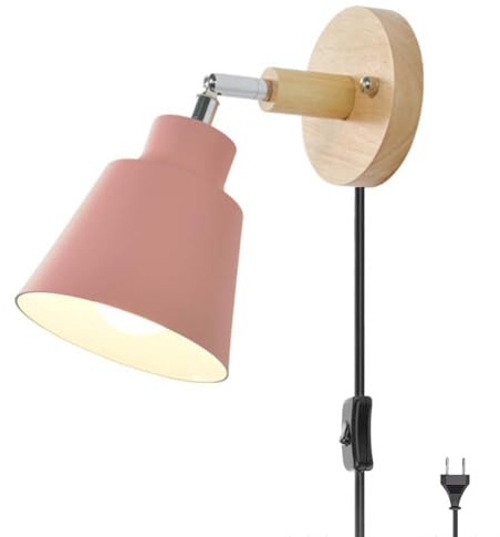 OOWDMPE Holz Retro Wandleuchte mit Schalter und Stecker Verstellbar Vintage Wandlampe E27 Nachttischlampe Wandbeleuchtung Deko Metall Wandlicht für Schlafzimmer Wohnzimmer（mit Leuchtmittel） (Rosa)