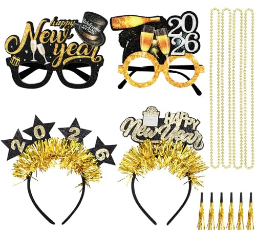 Draupnir 14 Stück Silvester Deko 2026 Happy New Year Haarreifen Brille Set, Neujahr Stirnband Haarschmuck, Kopfschmuck für Foto Requisiten Silvesterparty Dekoration