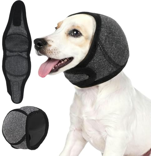 Dog Calming Hoodie with Ear Wraps, Noise Cancelling Ear Muffs for Dog Anxiety Relief, Adjustable Pet Ear Covers for Thunderstorms, Fireworks, Grooming, Swimming & Ear Hematoma Protection, Grey S