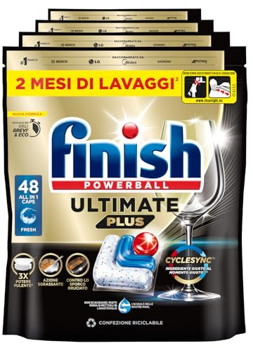 Finish Powerball Ultimate Plus 192 Pastiglie Capsule Classico Lavastoviglie Contro le Macchie di Bruciato Brillantezza Eccezionale Pulizia Intensa - 4 Confezioni da 48 Tabs