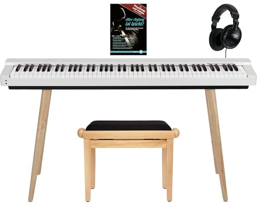 Classic Cantabile SP-316 Stage Piano Home Set - 88 gewichtete Hammer-Tasten mit DAAS-Sampling, 128-stimmige Polyphonie, Bluetooth Audio/MIDI, Design-Stand + Bank + Kopfhörer + Klavierschule - Weiß