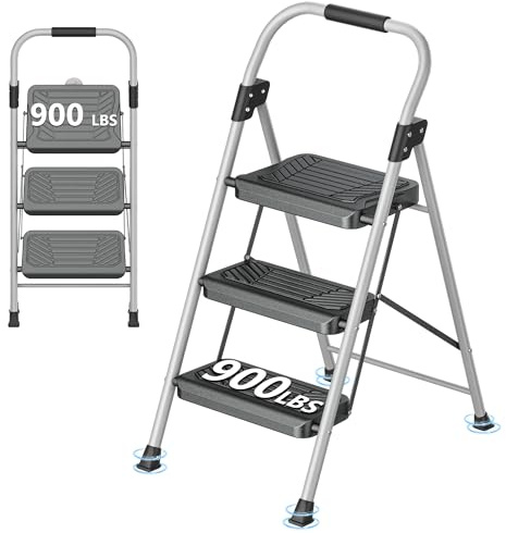 DIAMONDFORGE 3 Step Ladder, Folding Step Stool with Anti-Slip Wide Pedal, Soft Handle, Anti-Slip Feet, Sturdiest Steel Construction, 900lbs Capacity Steel Ladder for Home and Office, GrayBlack