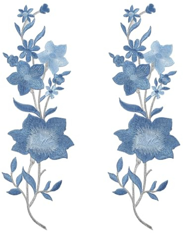 sourcing map 2Pcs Plum Iron on Appliques, 10in Plum Blossom Flower Applique Patch Flower Leaf Vines Iron on Sewing Embroidered Patches for Dress Clothes Down Jacket Jeans Bag, Light Blue