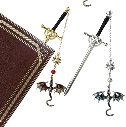 RONMOSNEA 2 Stück Drache Schwert Lesezeichen Metall, Fantasy Drachen Bookmark mit Anhänger，Lesezeichen Personalisiert Einzigartiges Geschenk für Frauen Männer Bücherwurm