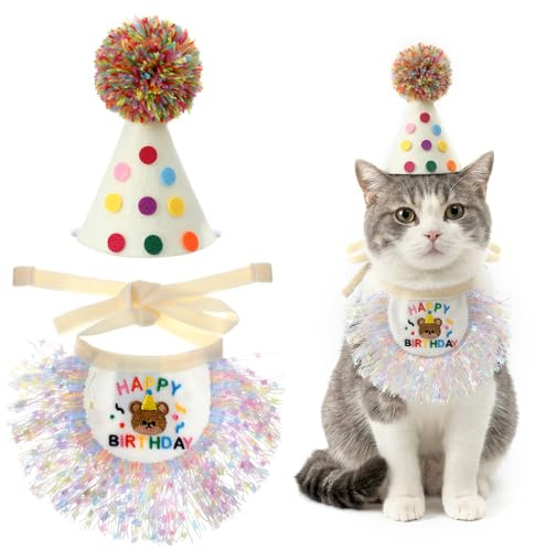 Katzen Geburtstag Hut Bandana Set Katzenbekleidung Hunde Geburtstagshut Haustier Bandana Partyzubehör Welpen Dekorationen Besticktes Partyhüte für Kuscheltiere Haustier Katze Hunde Party Zubehör
