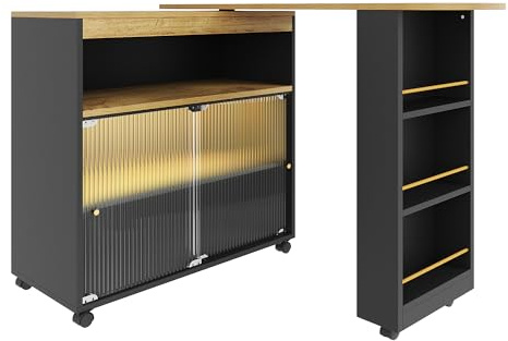 eisaro Kücheninsel mit ausziehbarem Tisch 138-204 cm – freistehend für Esszimmer, Multifunktionaler Bartisch mit LED-Beleuchtung, Hausbar & Küchenwagen mit Rollen & Stauraum