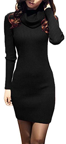 v28 Sweater Dress for Women Ribbed Knit Fitted midi Sexy Fall Winter Bodycon Cowl Neck Dresses (M,Black)
