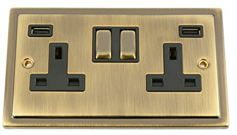 USB Socket 2 Gang - Victorian Period Antique Dark Brass (3100mA)