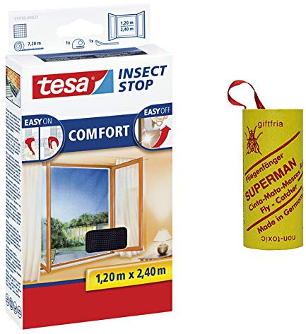 tesa Insect Stop COMFORT Fliegengitter für Fenster/Insektenschutz mit selbstklebendem Klettband (120 cm x 240 cm/2er Pack, Weiß) + 1 Rolle Fliegenfänger Gratis