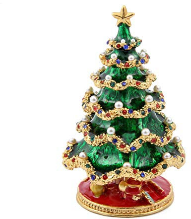 QIFU Hand Painted Green Christmas Tree Crystal Enamel Trinket Box Hinged