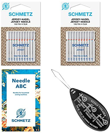 Schmetz HaushaltsNähmaschinennadeln – Jersey 130705 H, 2 Packungen mit je 10 Stück, verschiedene Größen: 7010, 8012 und 9014 + einzigartiger großer Einfädler und SchmetzNadelführung, passend