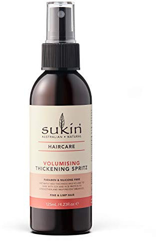 Sukin Volumising Thickening Spritz 125ml - adds thickness & volume to fine hair - with Soy & Rice protein to strengthen hair to help prevent breakage; cruelty free & vegan friendly.