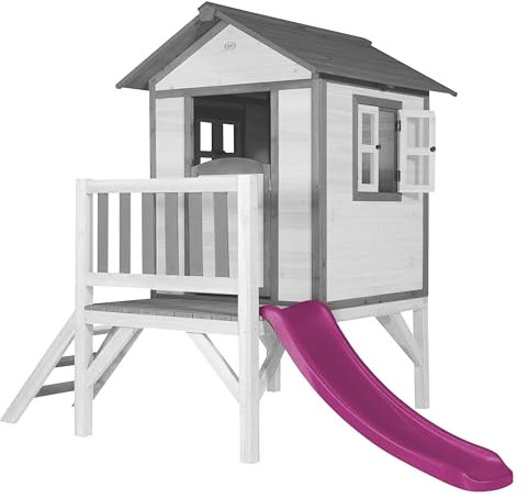 AXI Beach Lodge XL Casetta bianca con scivolo viola | Casa per bambini su palafitte con veranda in legno FSC | Parco giochi per il giardino.