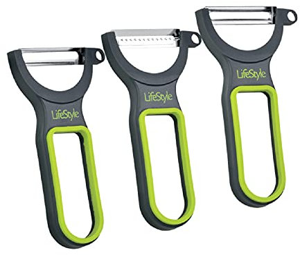 Tradineur - Juego de 3 peladores de verduras de acero inoxidable 13 cm con 3 cuchillas para tomate, juliana y fruta, estructura de plástico resistente, sujección cómoda, utensilios de cocina