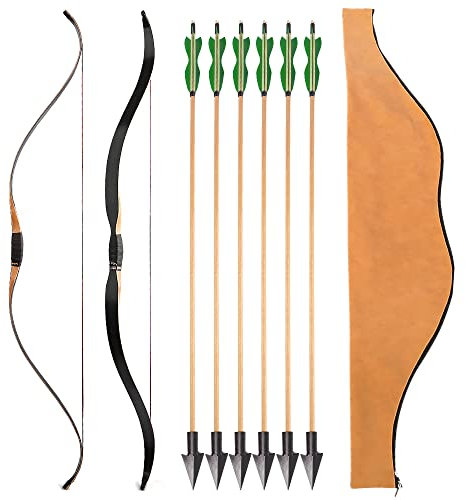 ZSHJGJR 55 Zoll 15-50 lbs Traditioneller Bogen Reiterbogen Jagdbogen Bogenschießen Handgefertigter Traditionelle Bogen Recurvebogen Langbogen mit Holzpfeil und Bogentasche (25 LBS)