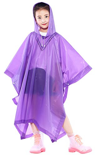 Kinder Regenponcho Wasserdicht, Wiederverwendbar EVA Kinder Regenmantel mit Kapuze Knöpfen für Mädchen Jungen, Leichte Klar Regenjacke Kleinkind Regencape für Schule Wandern Radfahren Camping (Lila)