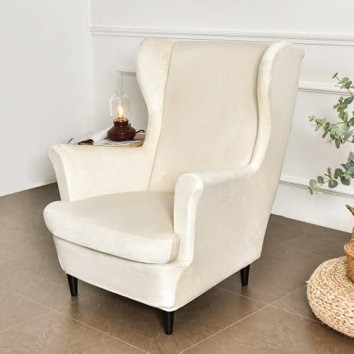 SFYZ HOME 2 Pieces Velvet Wing Back Chair Slipcover,Stretch Soft Chair Cover,Plush Solid Color American Armchair Cover with Cushion Cover for Home Hotel (Light Beige)