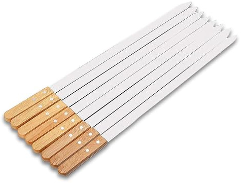 Long BBQ Barbecue Skewers, Wooden Handel Set of 8 BBQ Grilling Kebab Skewers Flat Reusable Metal Skewer Sticks for BBQ, Cocktail, Shish Kabob, Party Essentials, 58CM Long
