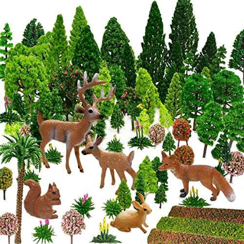 OrgMemory Mixed Model Trees, (4-16 cm), Toy Plastic Trees, Small World Trees, Ho Scale Bushes with Animals Figures, Plastic Trees for Projects, Model Train Scenery (70pcs Colorful Trees)