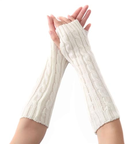 QUUPY Fingerlose Daumenloch-Handschuhe für Damen, gestrickt, warm, gehäkelt, halber Ellenbogen, dehnbar, Armwärmer, Weiß, 30 cm, 1 Paar