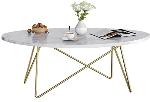 FirFurd Soffbord i Marmor, Ovalt Sidobord i Guld för Vardagsrum och Sovrum, 120 x 60 x 41 cm