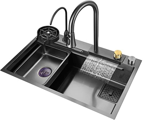 Schwarze Nano Single Bowl Küchenspüle 304 Edelstahl Wasserfall Bar Spüle Mehrzweck Handgefertigte Spüle Rv Spüle Mit Ausziehbarem Wasserhahn Und Drainage-Komponenten